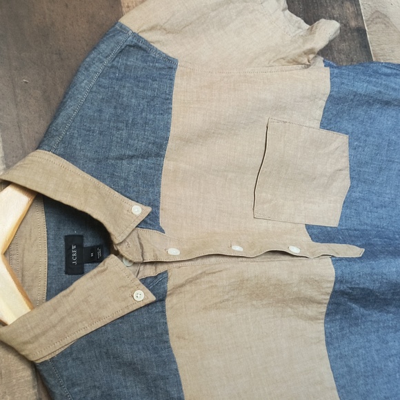 J.Crew Chambray Beige And Denim Color Block Short Sleeve Popover Shirt Sz Med - Picture 5 of 15